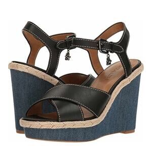 Coach Eaton Wedge Platform Sandals Shoes Black & Denim NWOB Sz 9.5M MSRP $195